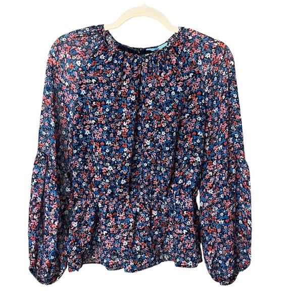 Draper James Floral Jewel Neck Puff Sleeve Blouse Blue Pink Multi XS Feminine - Picture 3 of 5